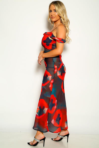 Red Floral Print Short Sleeve Mesh Maxi Dress - AMIClubwear