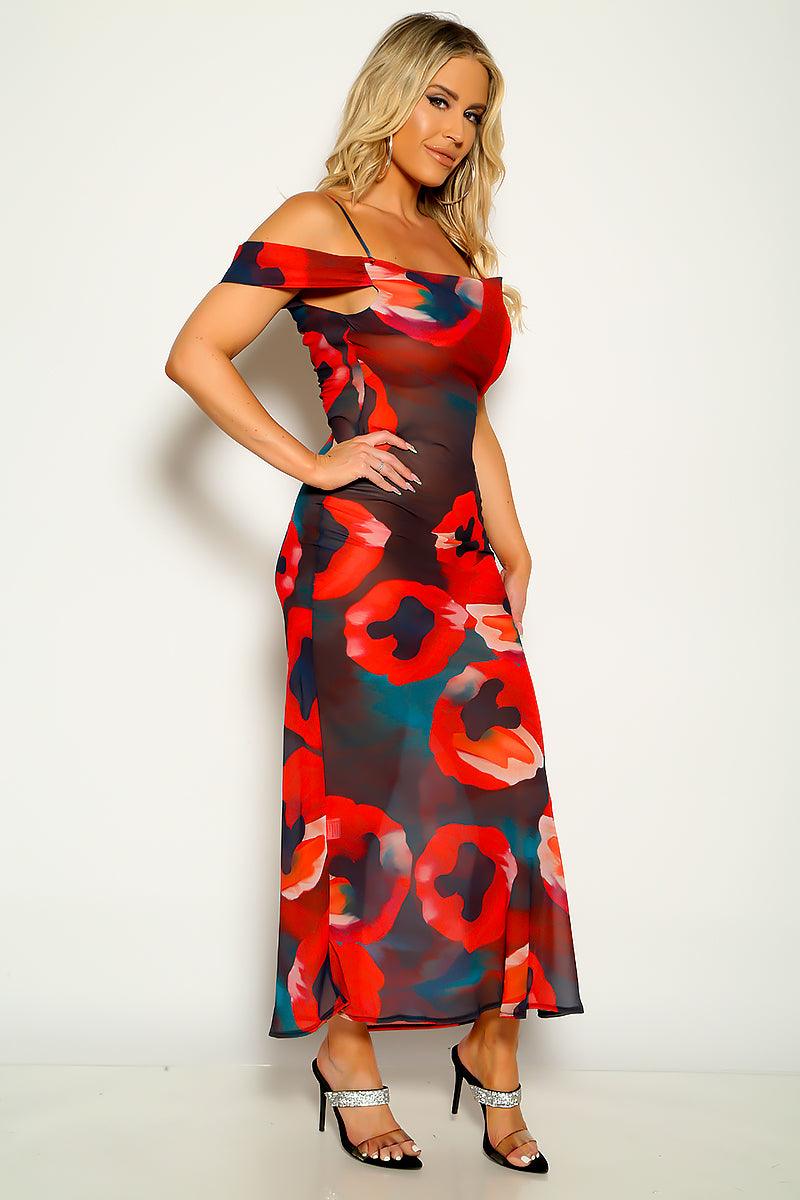 Red Floral Print Short Sleeve Mesh Maxi Dress - AMIClubwear