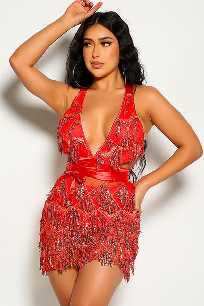 Red Fringe Sequin Sleeveless Party Sexy Dress - AMIClubwear