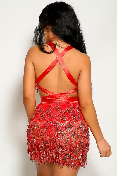 Red Fringe Sequin Sleeveless Party Sexy Dress - AMIClubwear