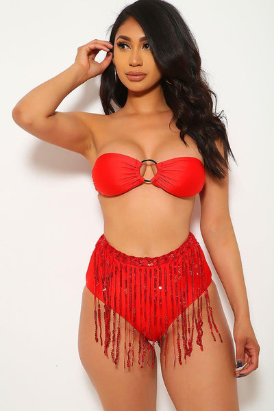 Red Fringe Sequins Bandeau Two Piece Swimsuit - AMIClubwear