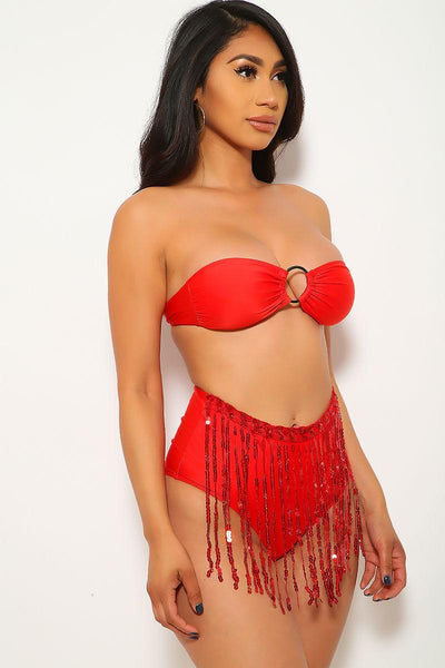 Red Fringe Sequins Bandeau Two Piece Swimsuit - AMIClubwear