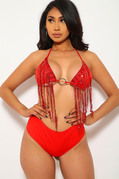 Red Fringe Sequins Two Piece Swimsuit - AMIClubwear