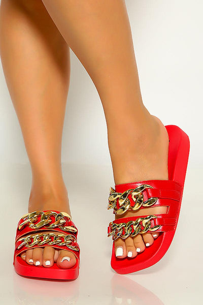 Red Gold Chain Accent Slip On Sandals - AMIClubwear