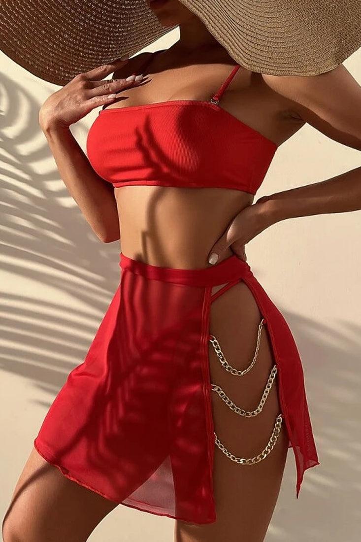 Red Gold Chain Strap Sexy Three Piece Swimsuit - AMIClubwear