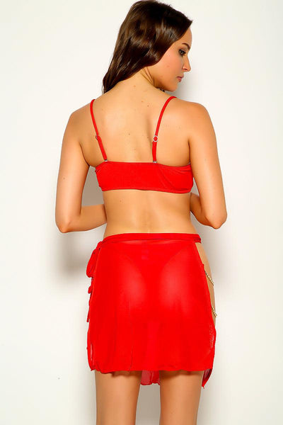Red Gold Chain Strap Sexy Three Piece Swimsuit - AMIClubwear