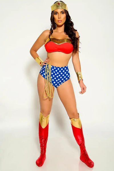 Red Gold Dot Print Sexy 7 Piece Wonder Woman Costume - AMIClubwear