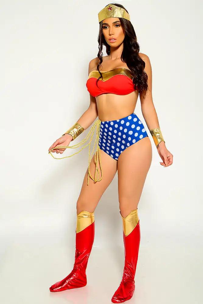 Red Gold Dot Print Sexy 7 Piece Wonder Woman Costume