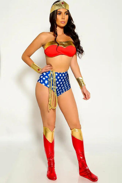 Red Gold Dot Print Sexy 7 Piece Wonder Woman Costume - AMIClubwear