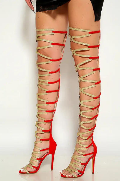 Red Gold Glitter Open Toe Gladiator High Heels - AMIClubwear