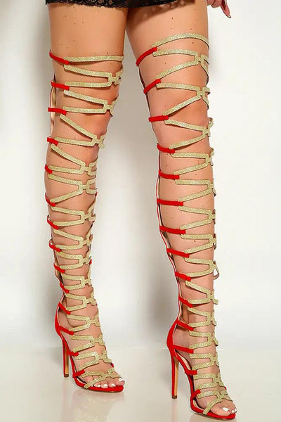 Red Gold Glitter Open Toe Gladiator High Heels - AMIClubwear