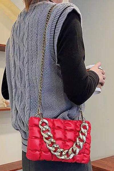 Red Gold Quilted Chain Straps Handbag - AMIClubwear