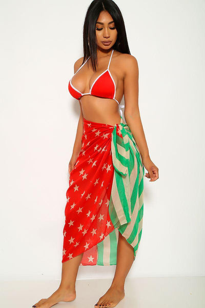 Red Green Star Print Three Piece Swimsuit Set - AMIClubwear