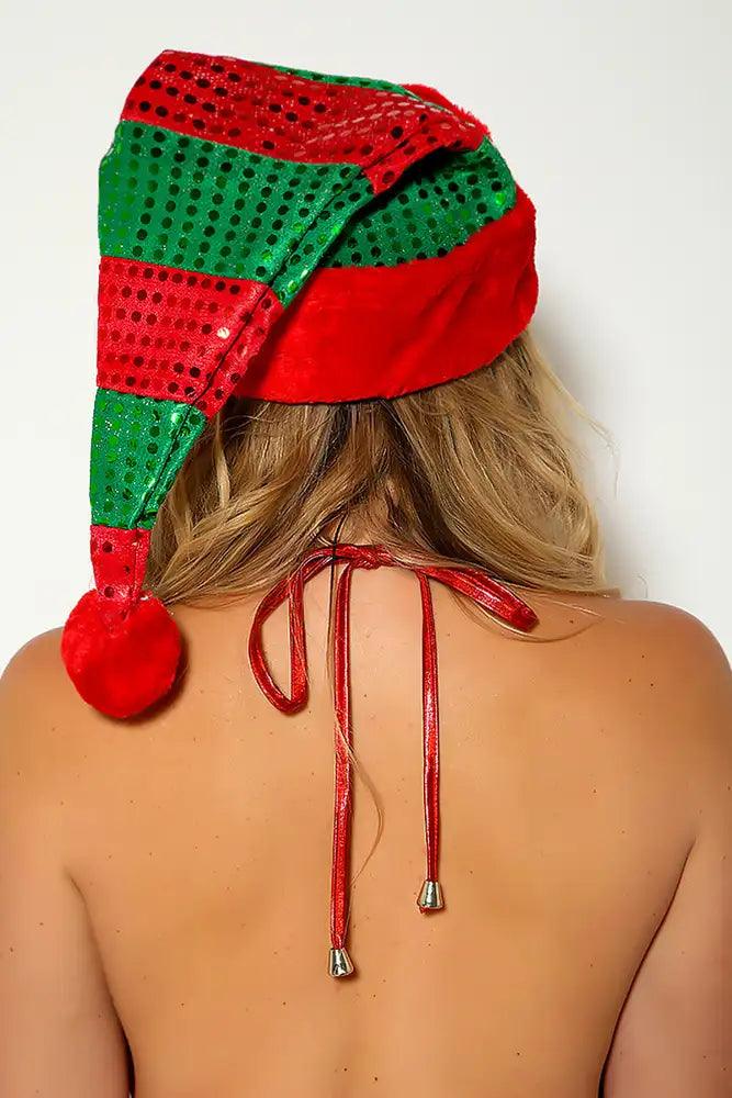 Red Green Striped Faux Fur Holiday Christmas Hat - AMIClubwear