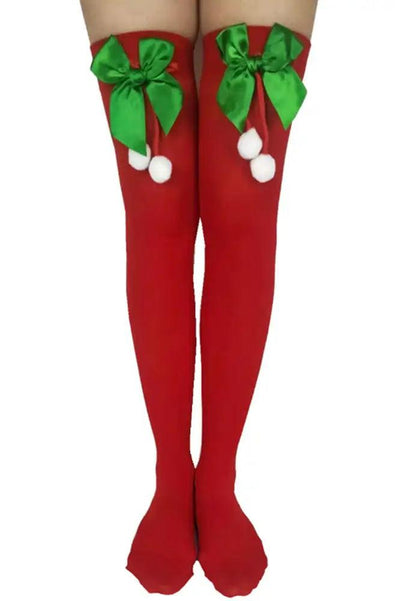Red Green Thigh High Bow Pom Pom Holiday Tights - AMIClubwear