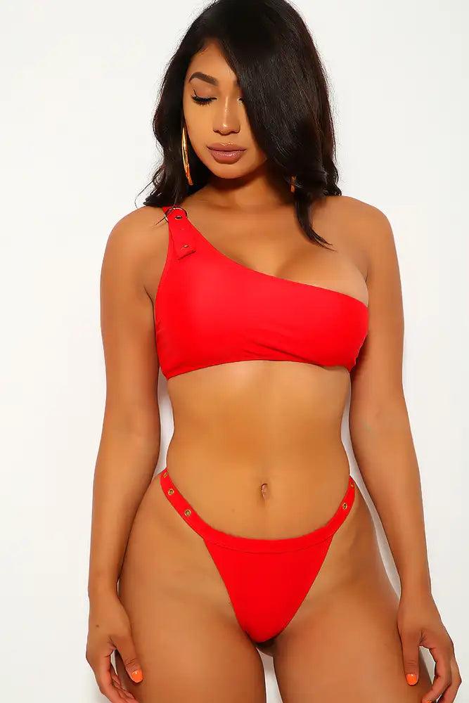 Red Grommet One Shoulder Thong Two Piece Swimsuit - AMIClubwear