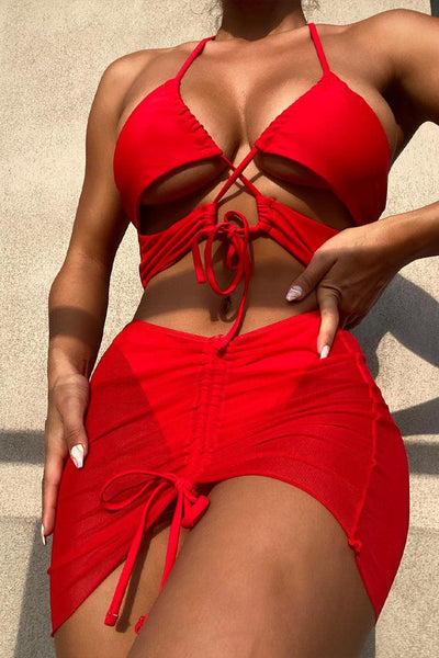 Red Halter Criss-Cross Strappy 3 Pc Swimsuit With Skirt Cover Up - AMIClubwear