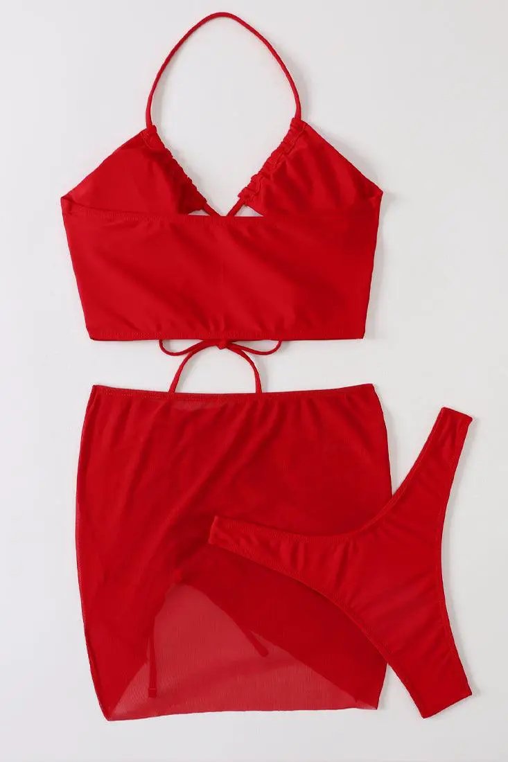 Red Halter Criss-Cross Strappy 3 Pc Swimsuit With Skirt Cover Up
