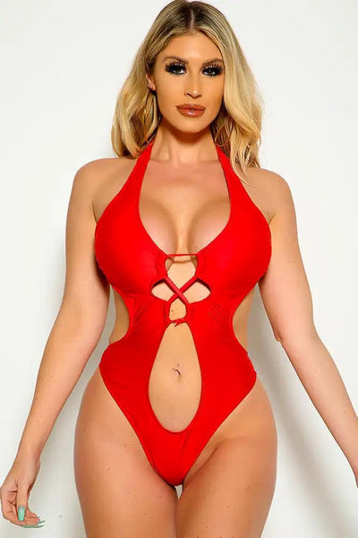 Red Halter Cross Straps Cut Out Cheeky One Piece Swimsuit - AMIClubwear