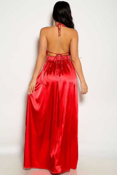 Red Halter Double Slit Satin Maxi Dress - AMIClubwear