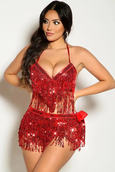 Red Halter Fringe Sequins Metallic Two Piece Outfit - AMIClubwear