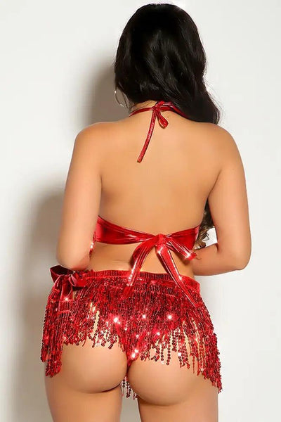 Red Halter Fringe Sequins Metallic Two Piece Outfit - AMIClubwear