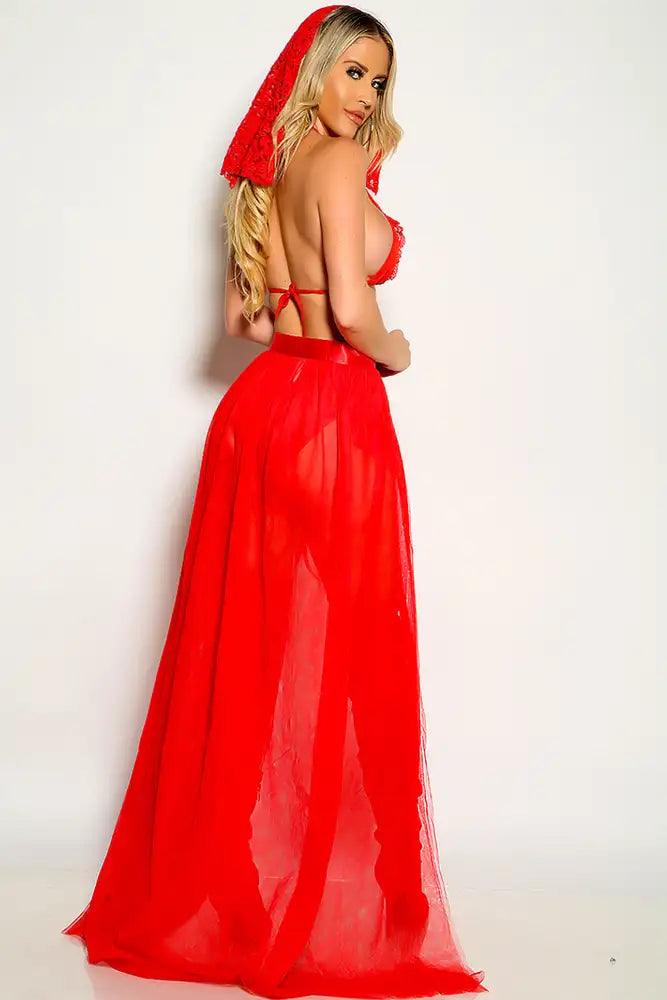 Red Halter Lace Trim Halter Bride 4 Piece Costume - AMIClubwear