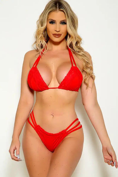 Red Halter Lace Trim Strappy Pucker Back Two Piece Swimsuit - AMIClubwear