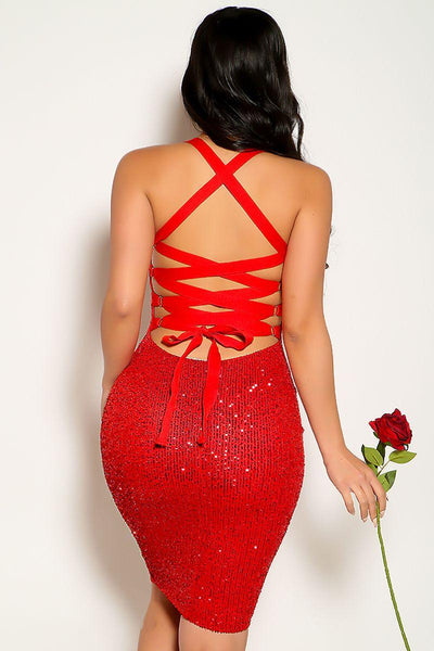 Red Halter Lace Up Strappy Sequins Knee Length Party Dress - AMIClubwear