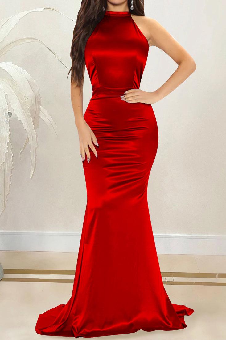 Red Halter O-Neck Backless Maxi Cocktail Dress - AMIClubwear