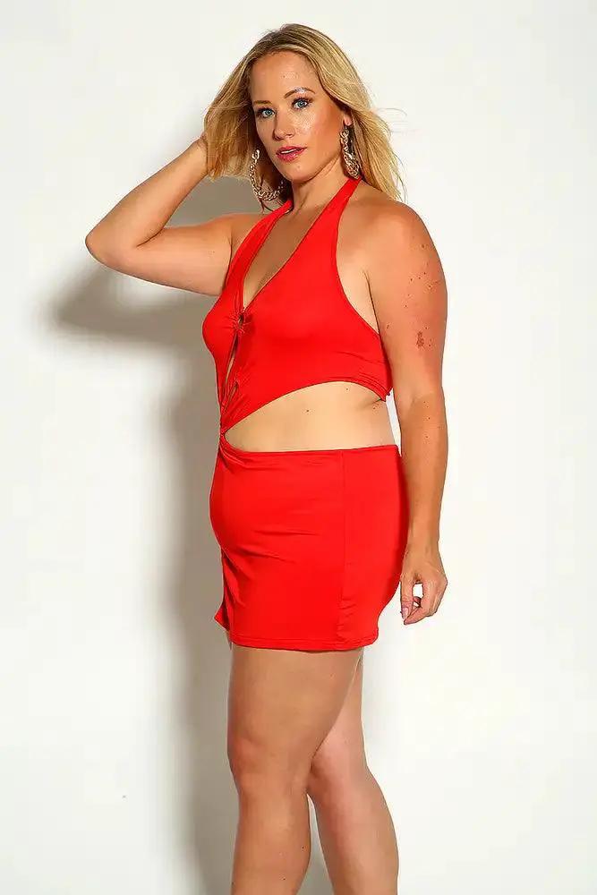 Red Halter O-Ring Cut Out Plus size Party Dress