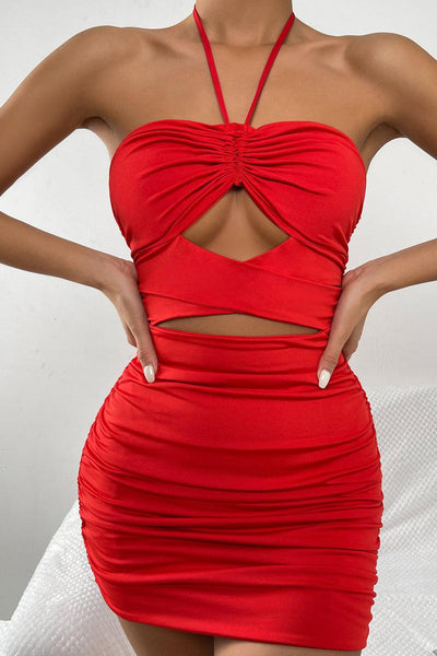 Red Halter Ruched Cut Out Sleeveless Party Dress - AMIClubwear