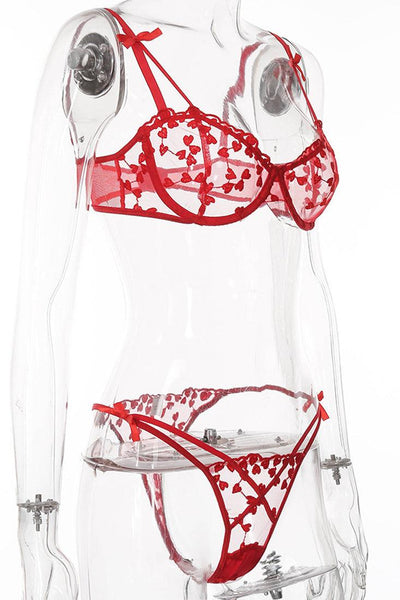 Red Heart Embroidery Sheer Ribbon Bow Sexy 2 Pc Lingerie Set - AMIClubwear
