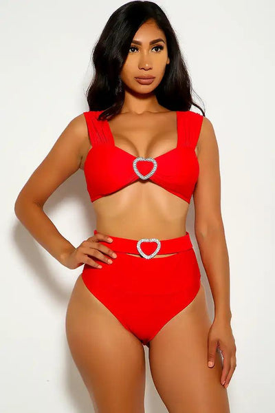 Red Heart Rhinestone Two Piece Swimsuit - AMIClubwear