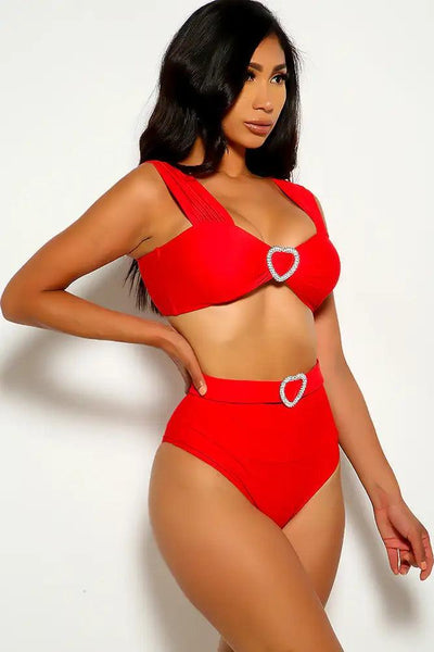 Red Heart Rhinestone Two Piece Swimsuit - AMIClubwear
