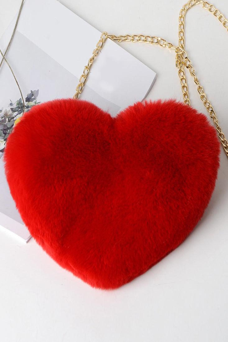 Red Heart Shaped Plush Chain Crossbody Bag - AMIClubwear