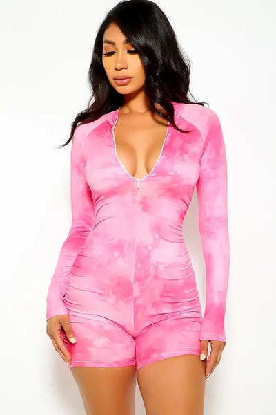 Red Hot Pink Long Sleeves Romper - AMIClubwear