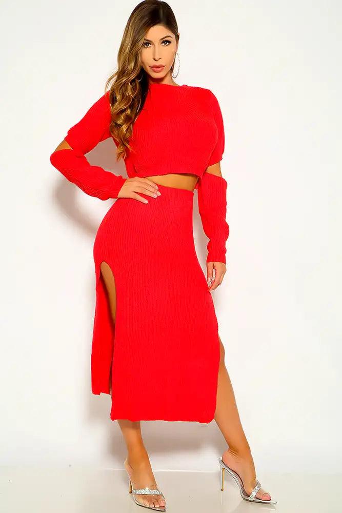 Red Knitted Cut Out Double Slit Sweater Two Piece Dress - AMIClubwear