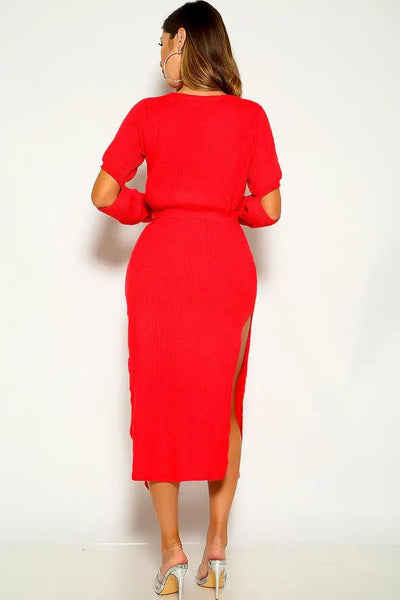 Red Knitted Cut Out Double Slit Sweater Two Piece Dress - AMIClubwear