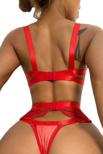 Red Lace Bandage Bra Garter Pantie Lingerie Set - AMIClubwear