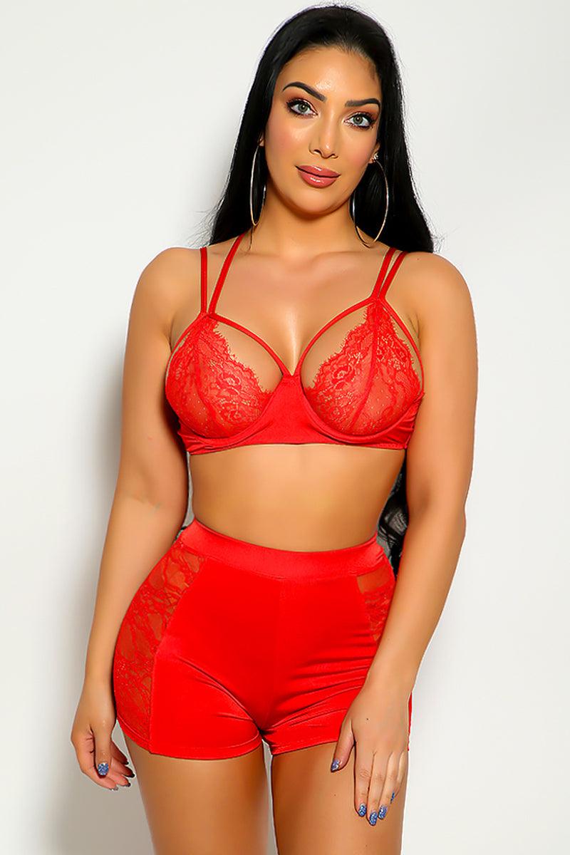 Red Lace Embroidered Strappy Two Piece Outfit - AMIClubwear