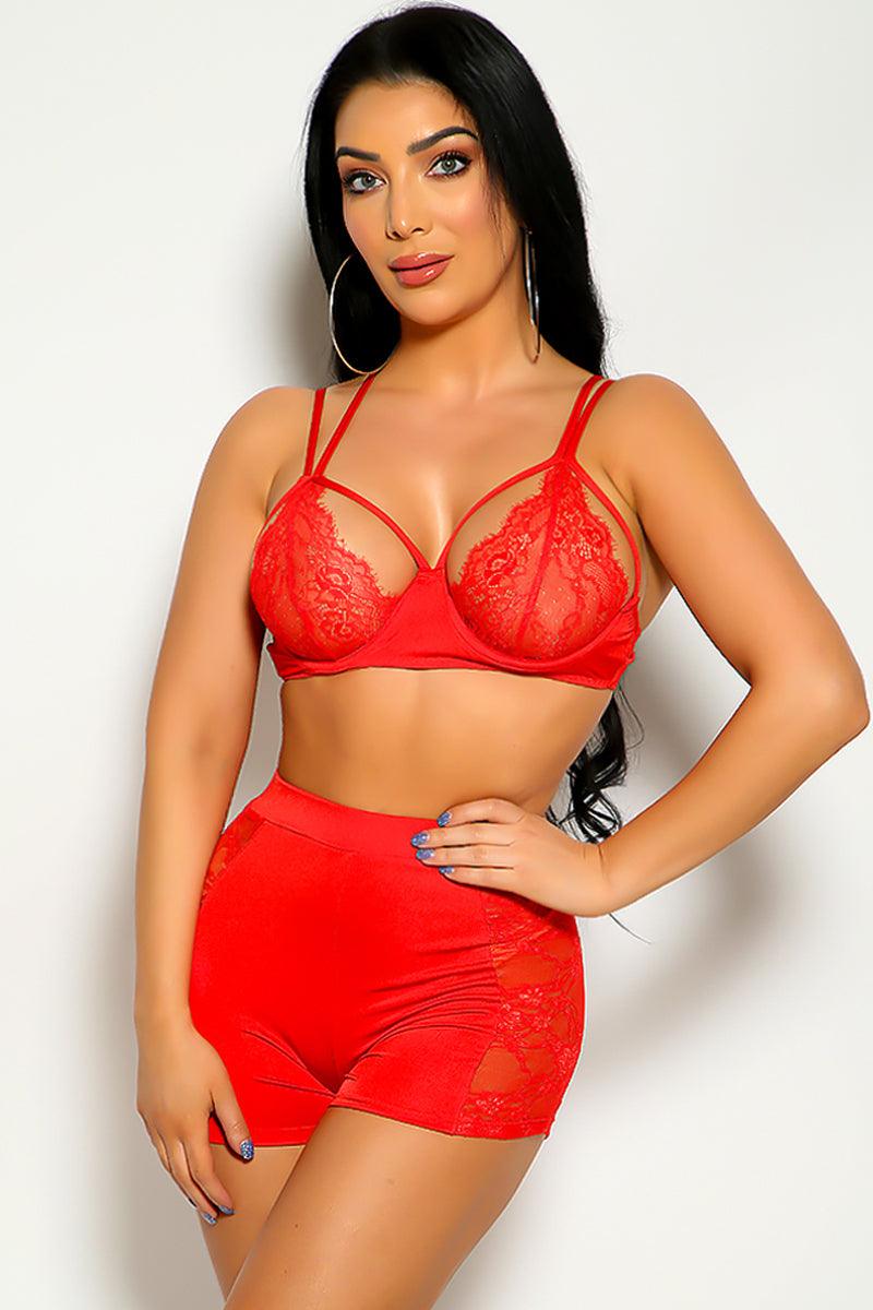 Red Lace Embroidered Strappy Two Piece Outfit - AMIClubwear