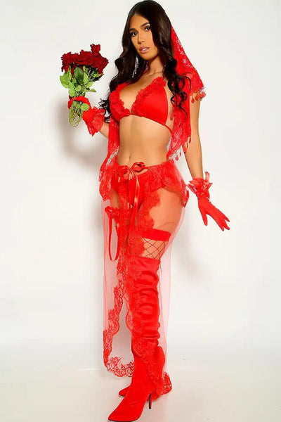 Red Lace mesh Skirt Bride 4 Piece Costume - AMIClubwear