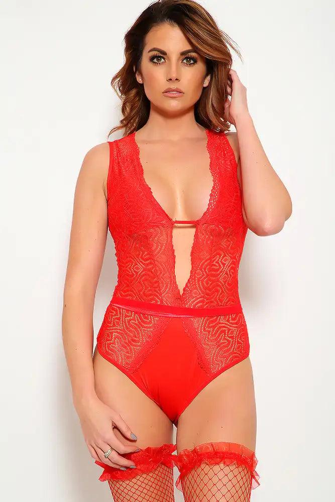 Red Lace Plunging Neck Bodysuit Imitates - AMIClubwear