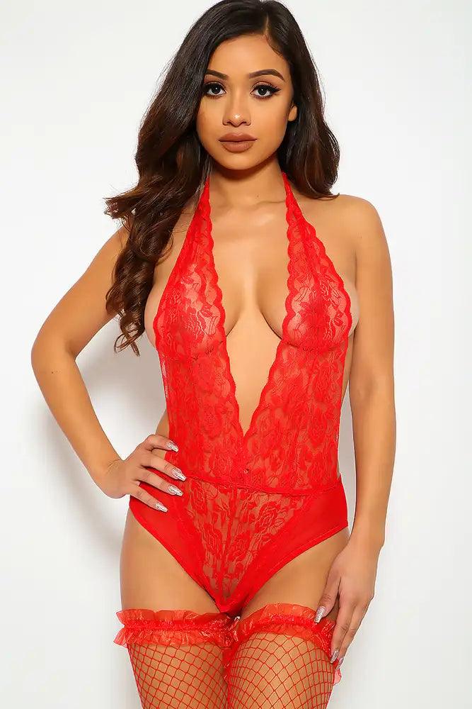 Red Lace Plunging Teddy - AMIClubwear