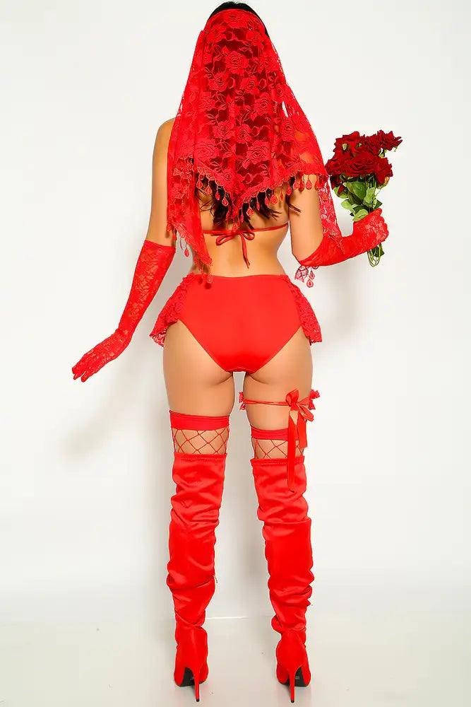 Red Lace Ruffled Sexy Bride 3 Piece Costume - AMIClubwear