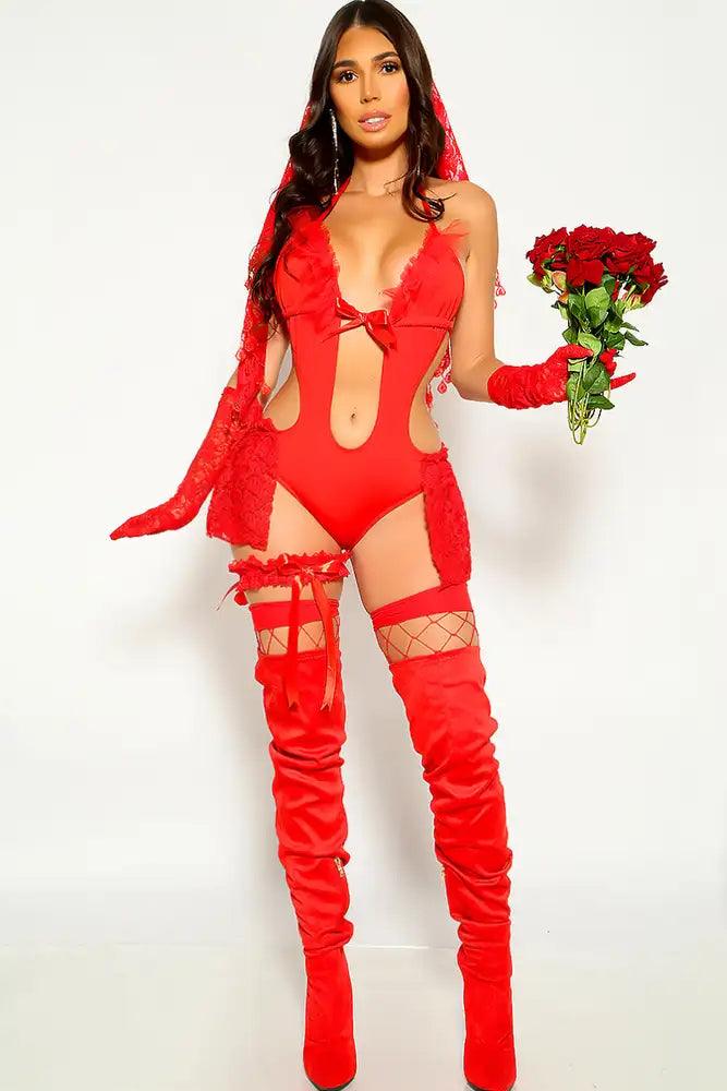 Red Lace Sexy Bride 2 Piece Costume - AMIClubwear