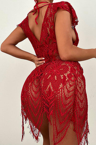 Red Lace Strappy Halter Cut Out 3 Pc Lingerie Set - AMIClubwear