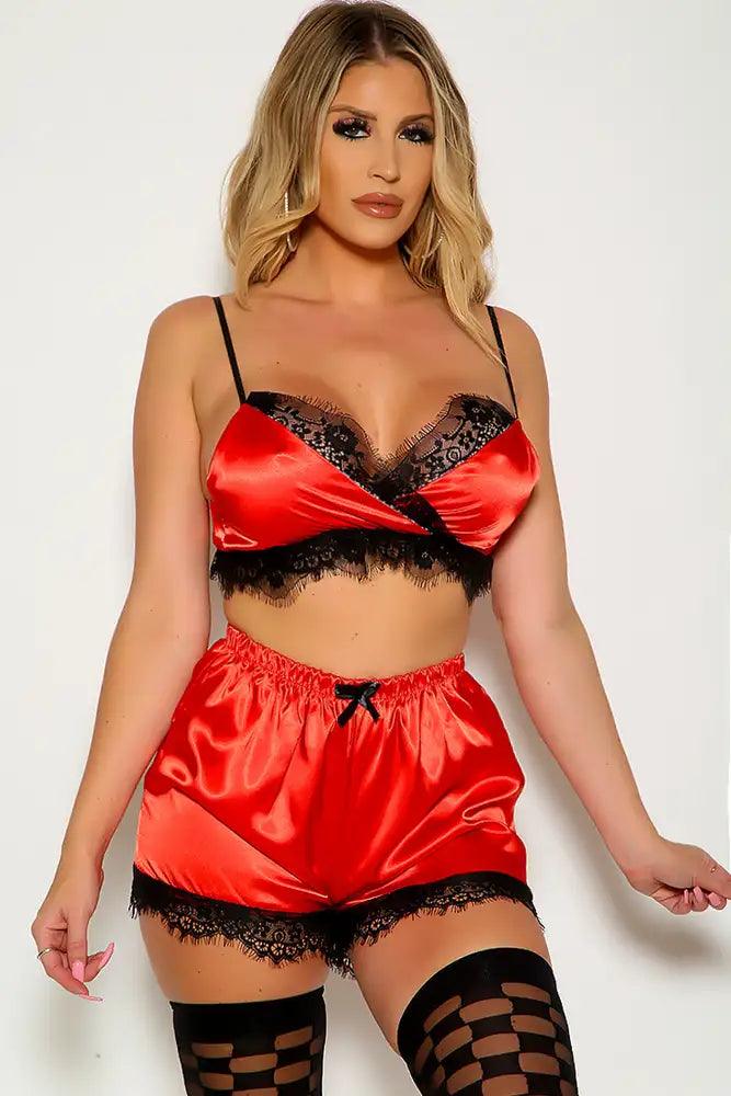 Red Lace Trim two Piece Sleepwear Shorts Outfit - AMIClubwear