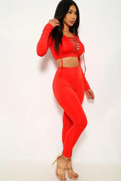 Red Lace Up Cropped Two Piece Outfit - AMIClubwear